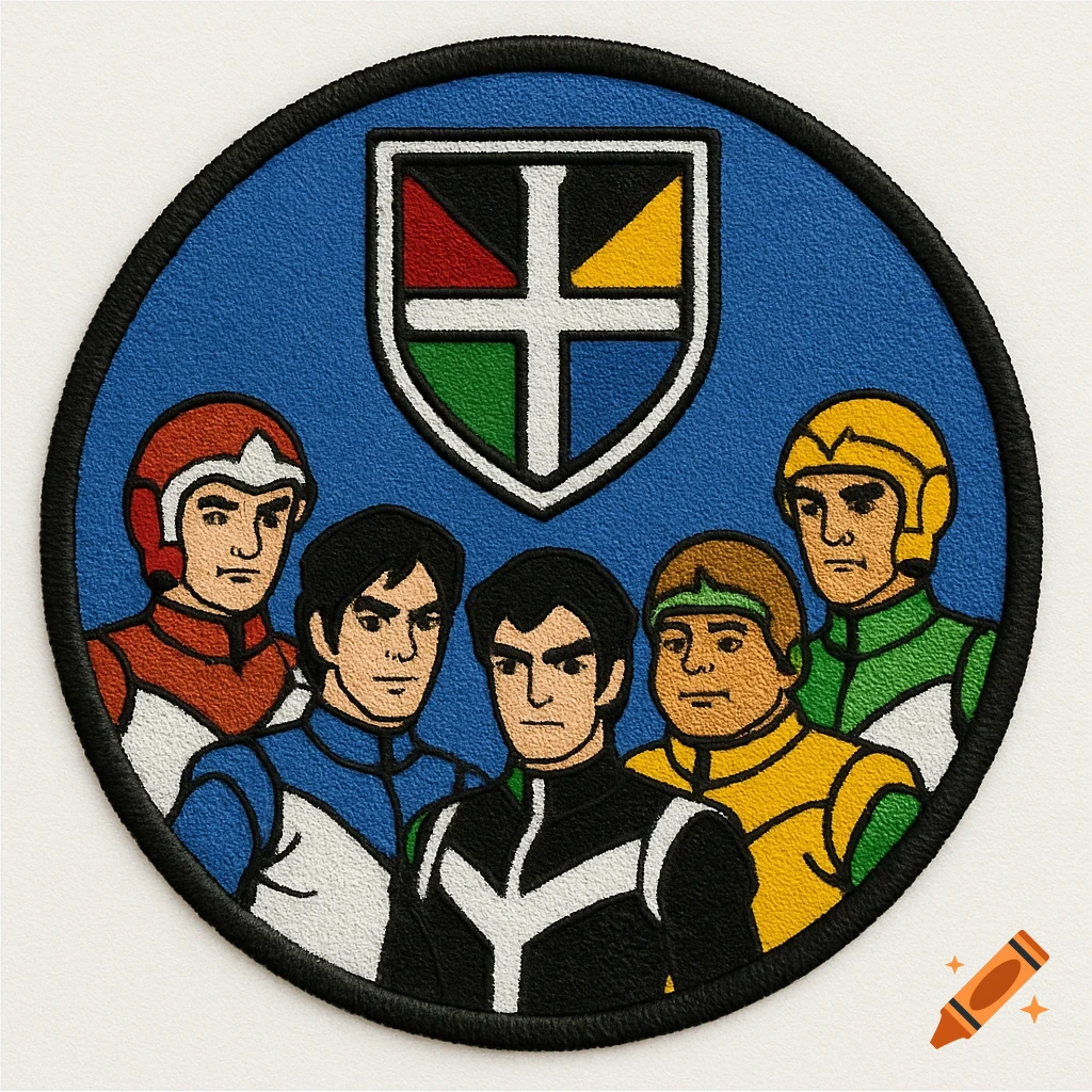 Circular patch with Voltron shield and characters