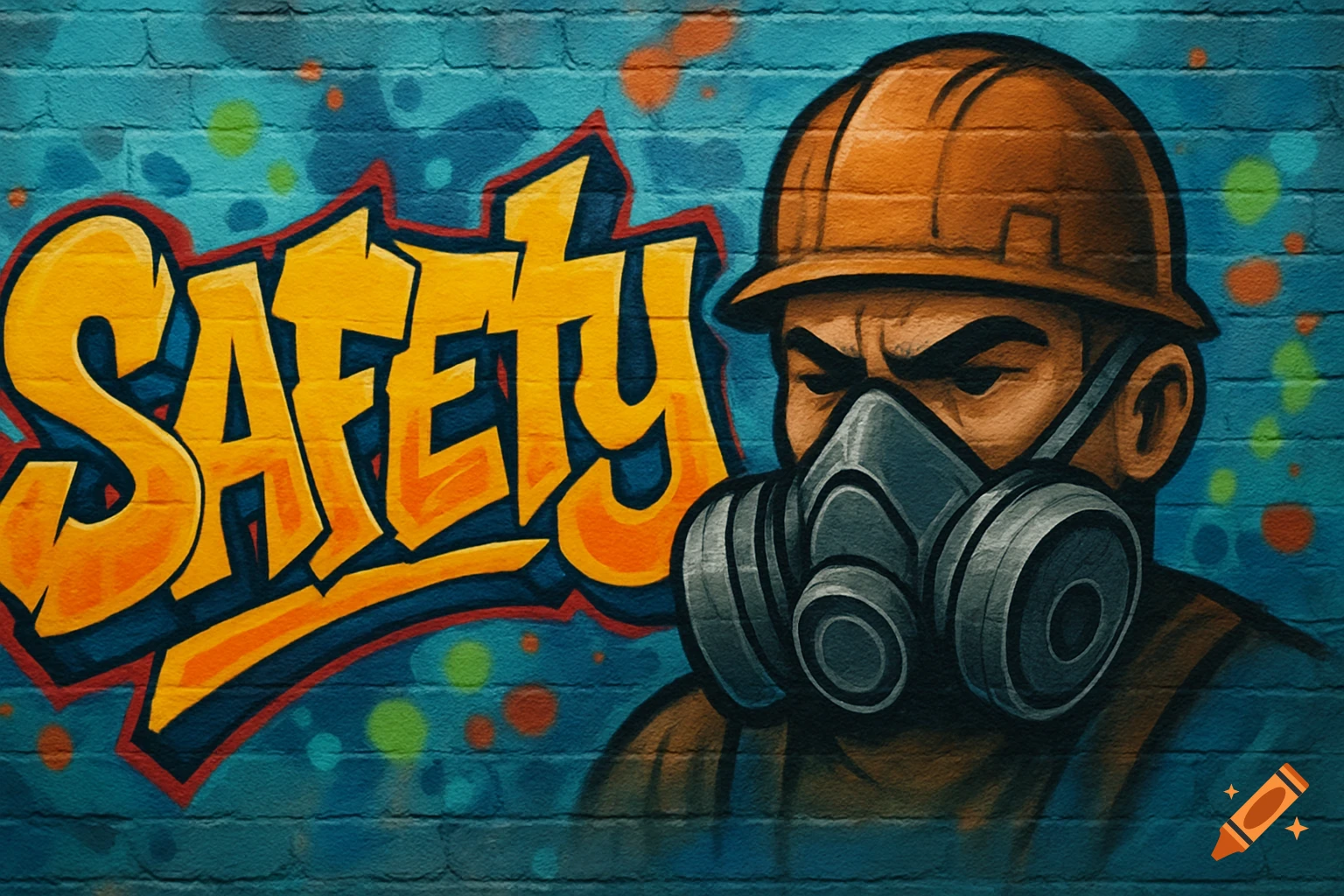 Graffiti art of 'SAFETY' next to a person wearing a hard hat and gas mask on a brick wall.