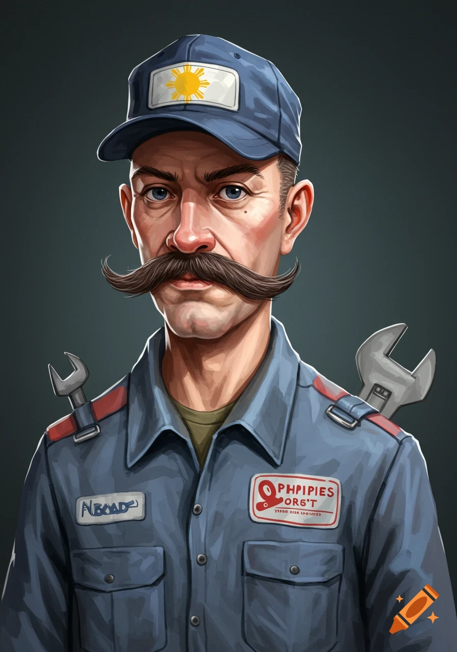 A stylized illustration of a mechanic with a large mustache wearing a blue uniform and cap.