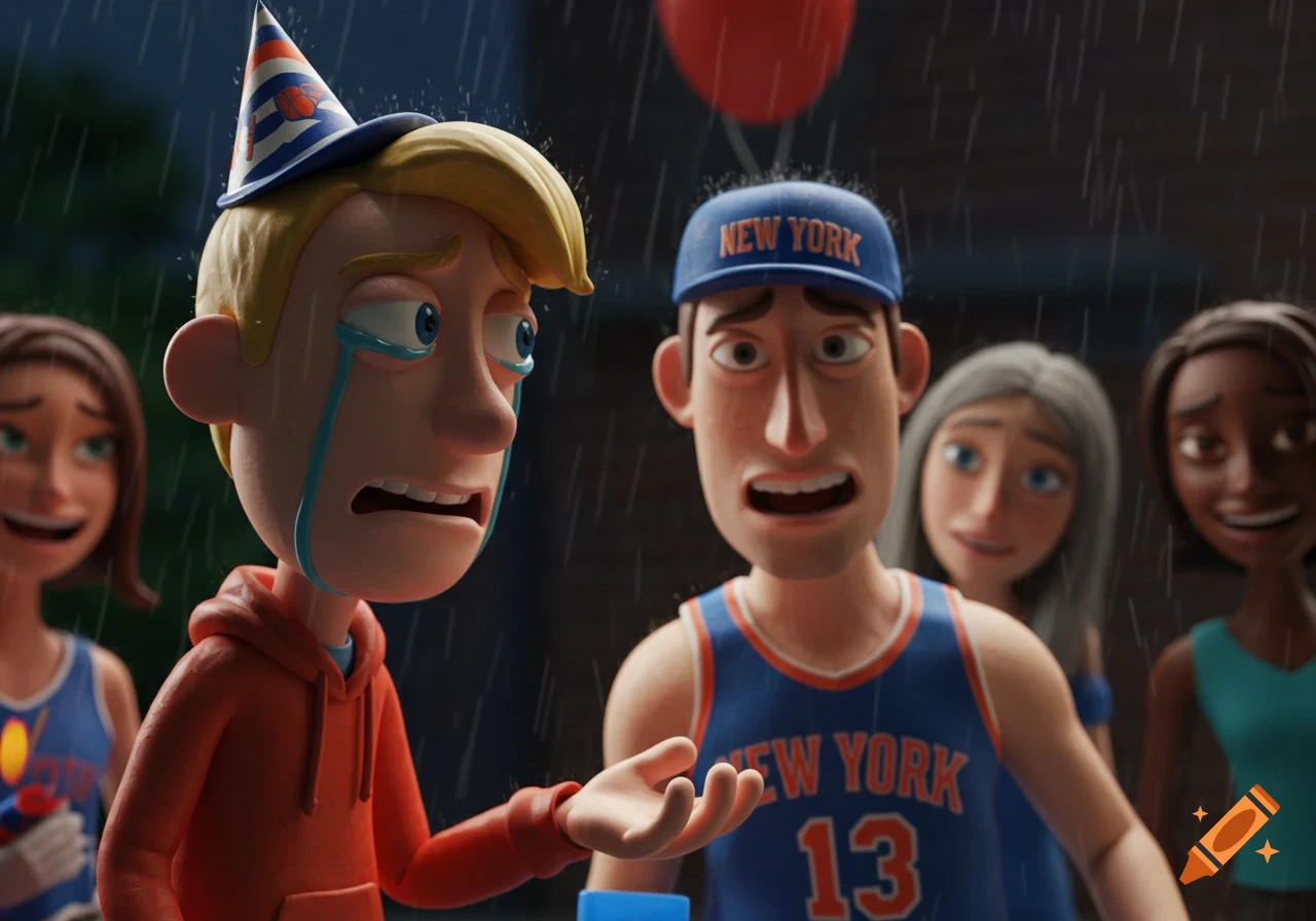 3D rendered cartoon characters in the rain; one cries with a party hat, another wears a New York Knicks jersey.