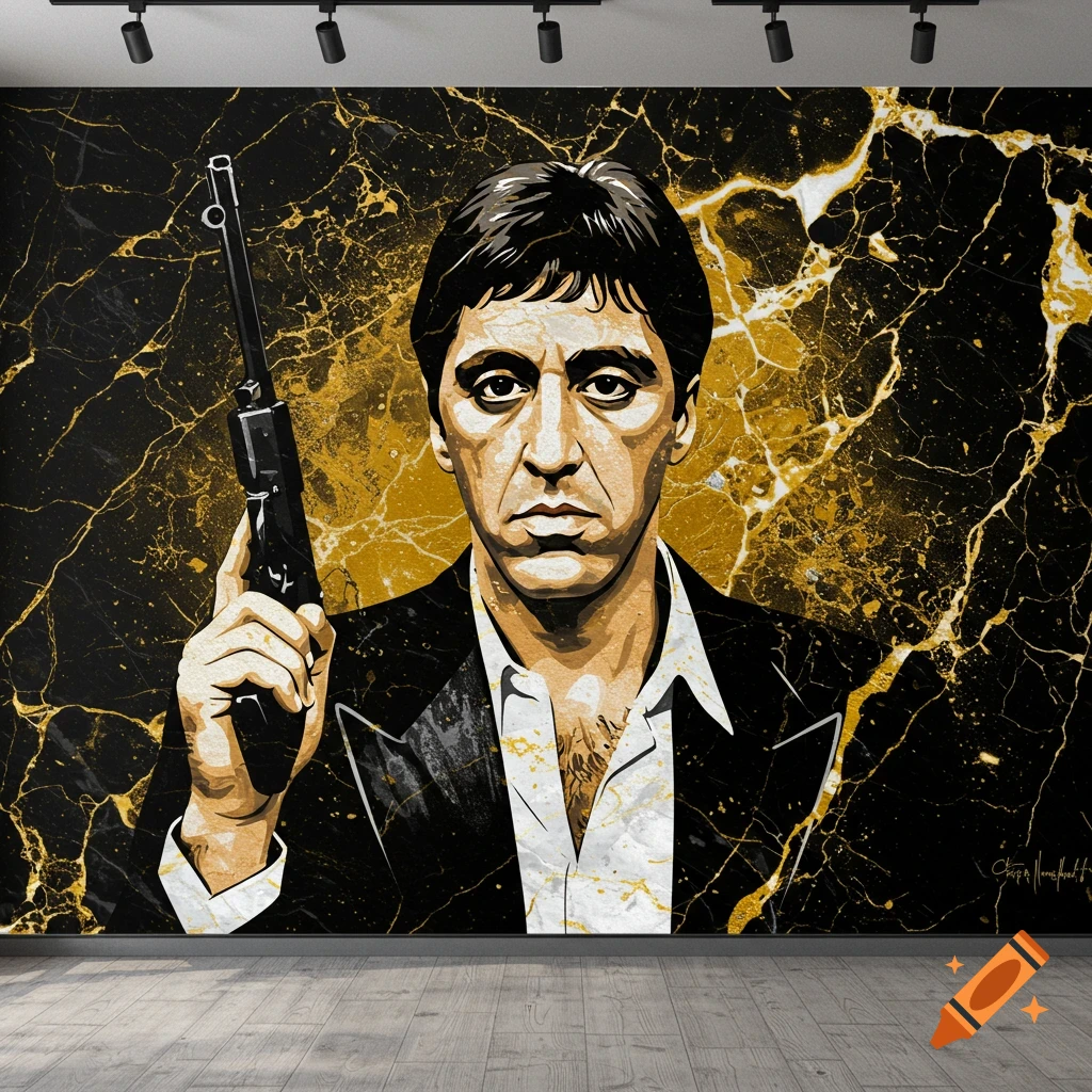 A stylized portrait of Al Pacino as Scarface holding a gun against a black and gold marble background.