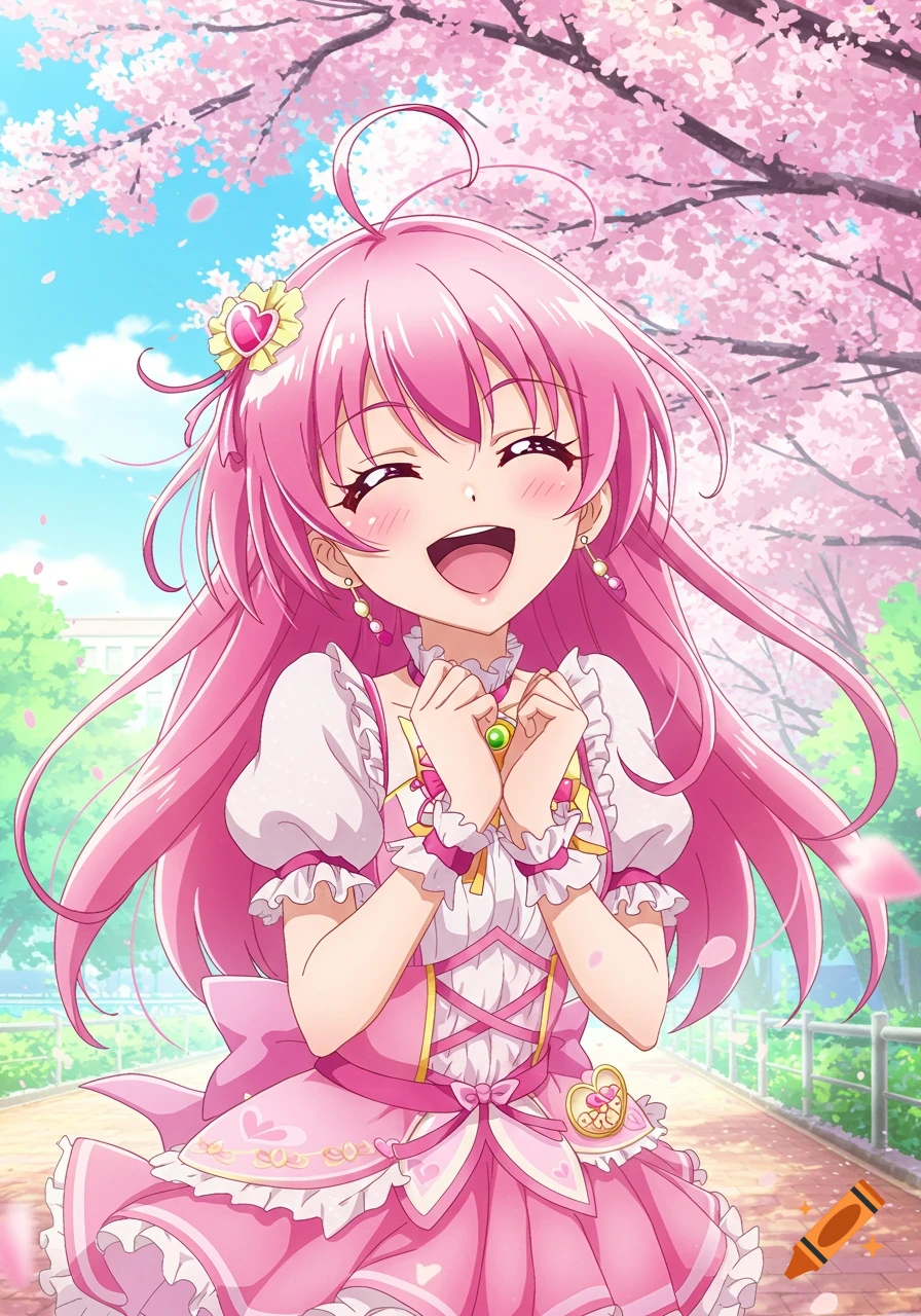 An anime girl with pink hair laughs happily under a cherry blossom tree.