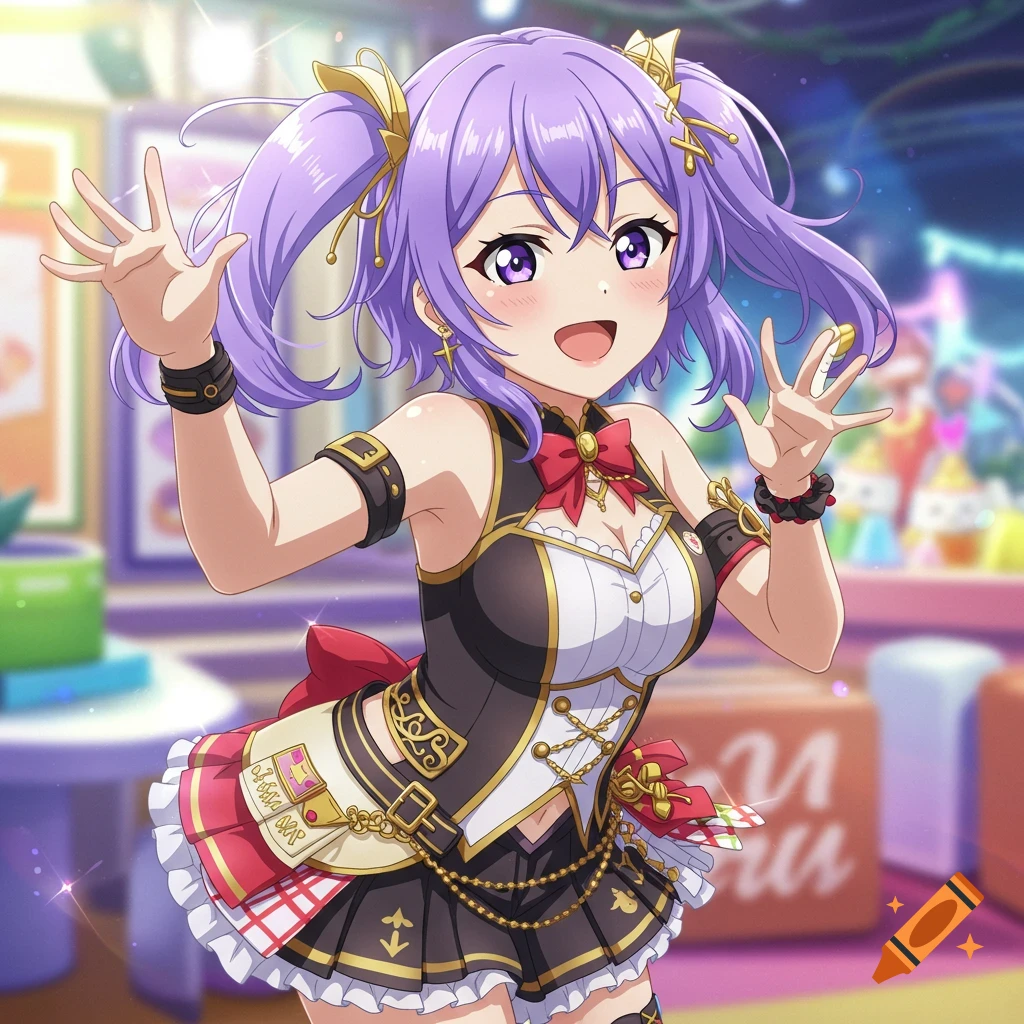 Anime girl with purple pigtails in idol outfit smiling and waving