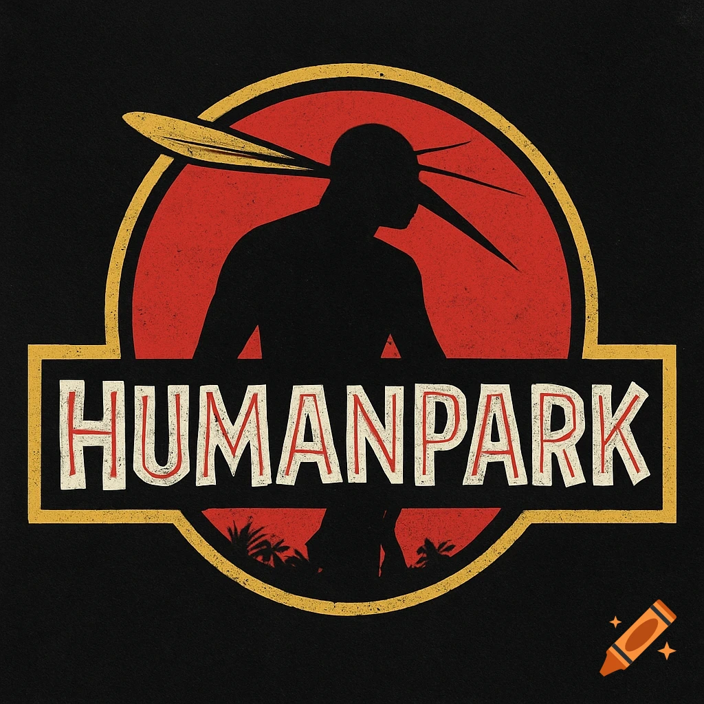 Distressed logo parody of Jurassic Park with a human figure with a mosquito head and 'HUMANPARK' text.