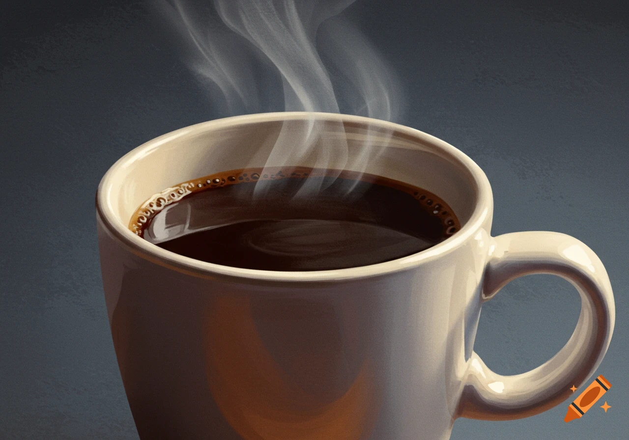 Close-up of a steaming cup of coffee.