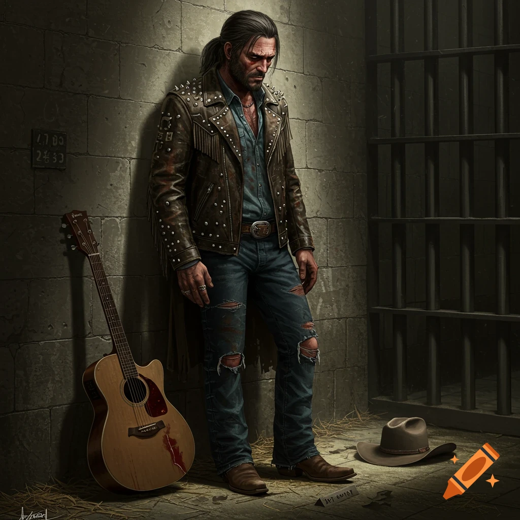 Man in studded leather jacket and ripped jeans leaning against prison wall with guitar and cowboy hat