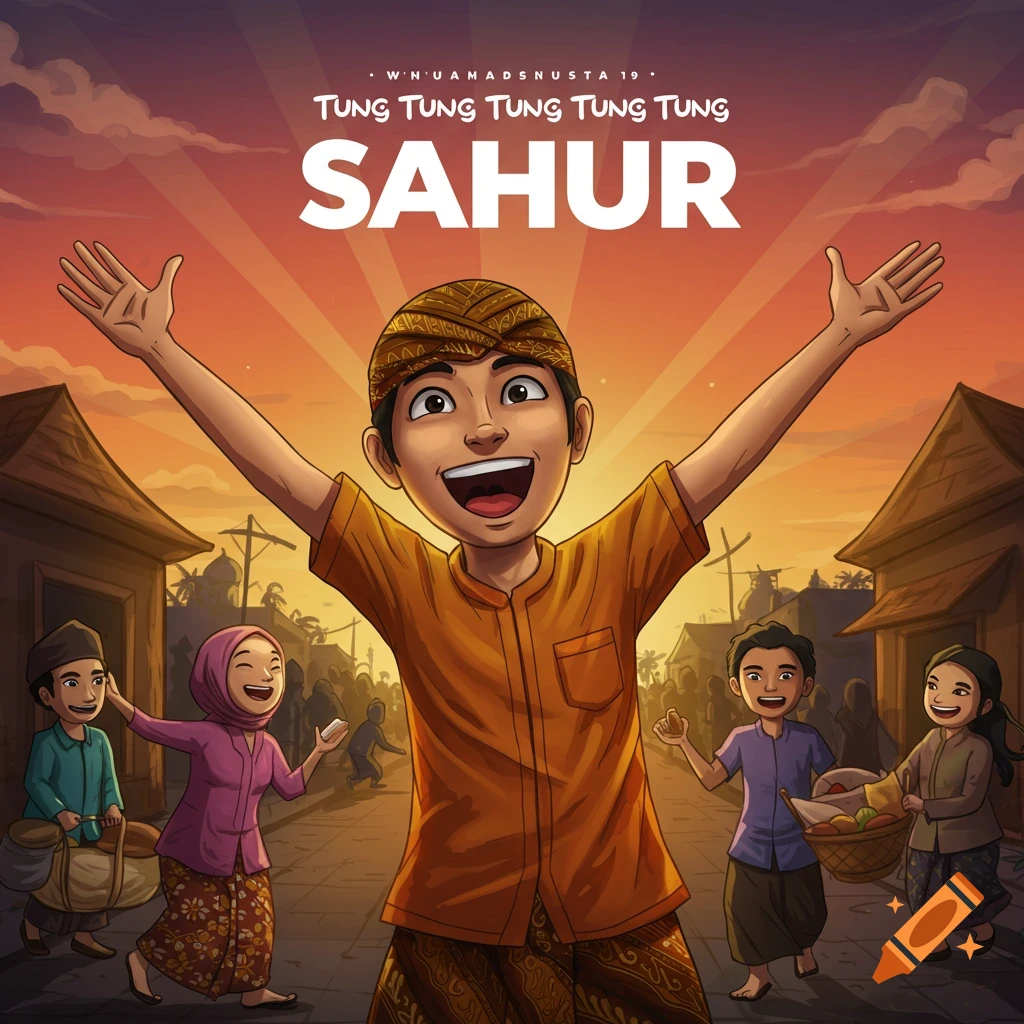 Cartoon illustration of a joyful boy in traditional Javanese clothing raising his arms, surrounded by people in a village street at dawn, with text saying 'TUNG TUNG... SAHUR'.