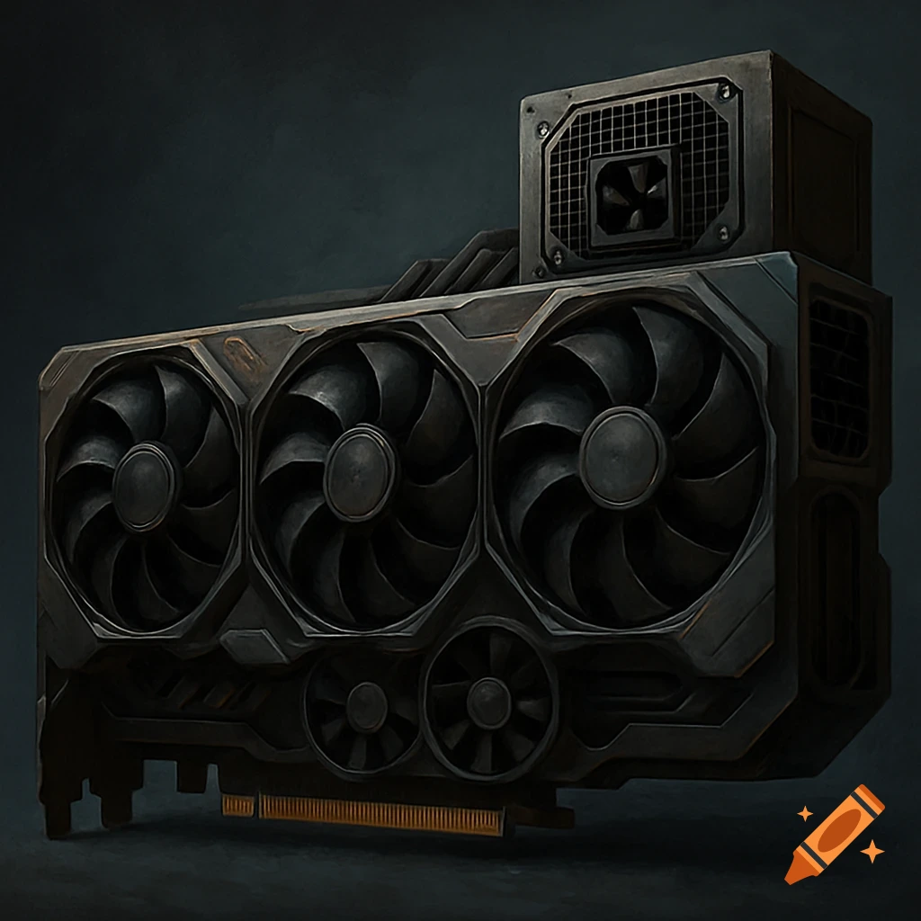 A detailed render of a dark graphics card with three large fans and one smaller fan.