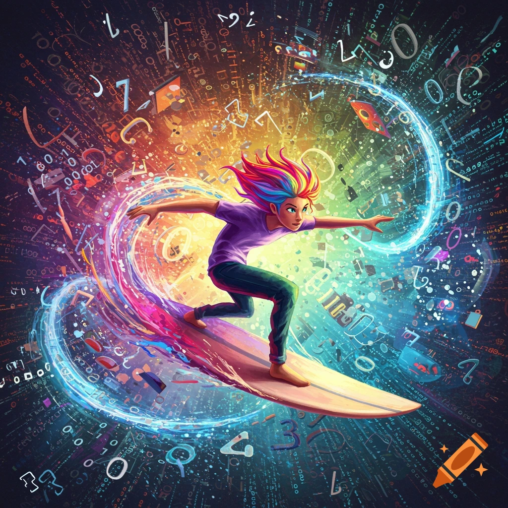 A vibrant digital illustration of a person with rainbow hair surfing on a board through a wave of glowing light and abstract numbers and symbols.