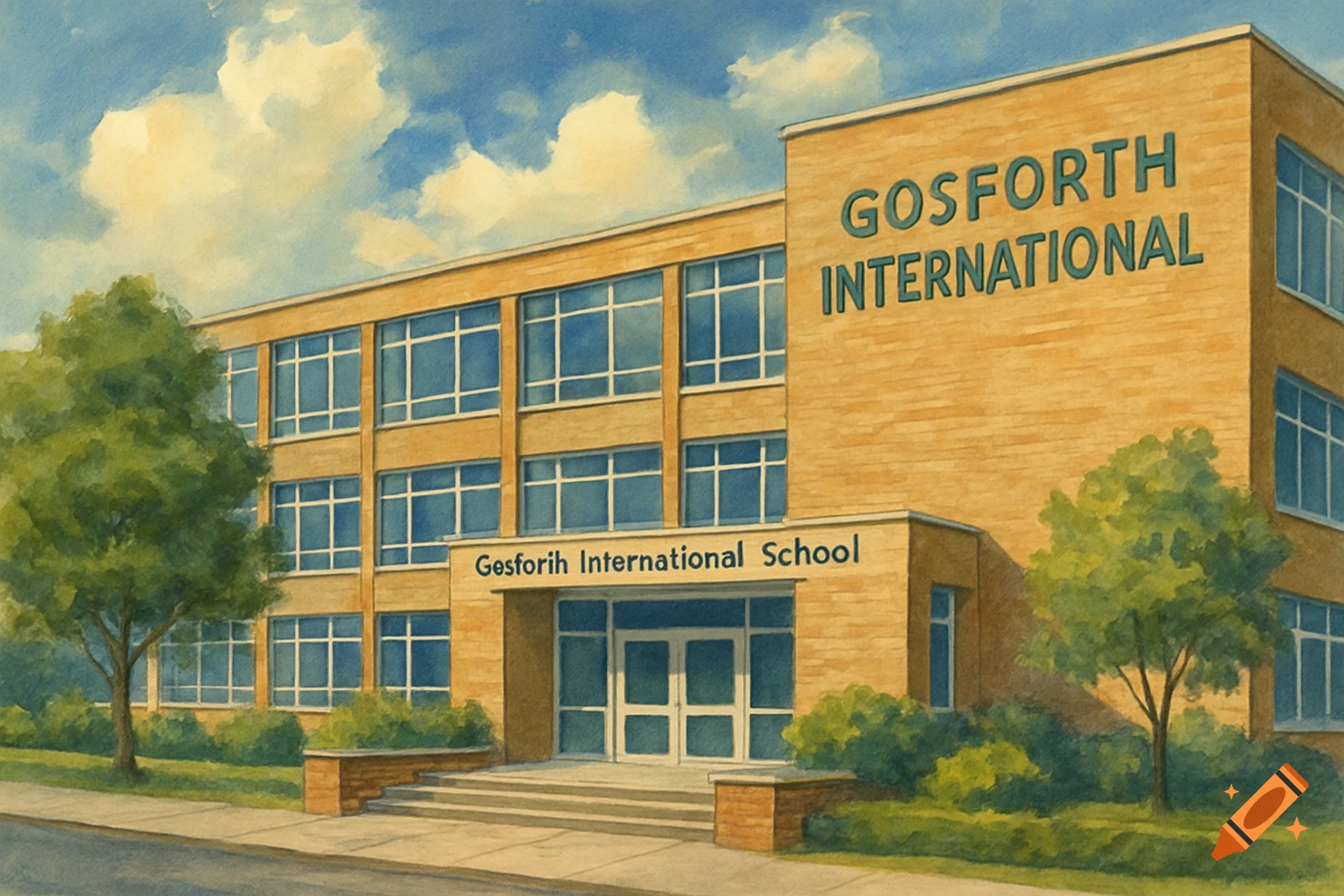 Watercolor painting of a brick school building with green trees and bushes under a blue sky.