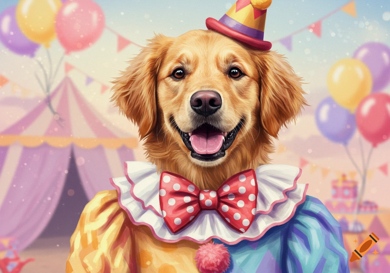 A golden retriever dog wearing a clown costume and party hat at a circus.