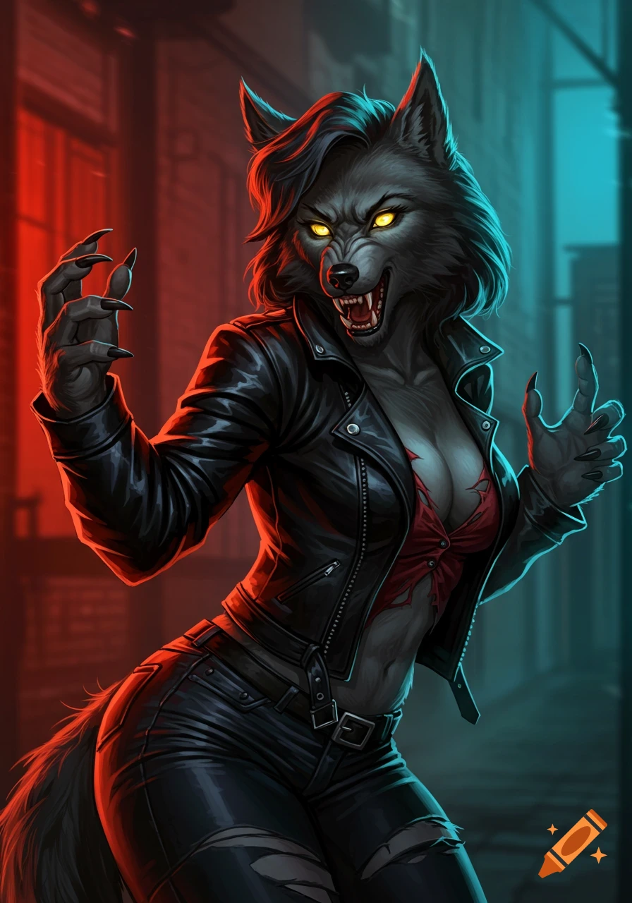 Illustration of a female werewolf in a leather jacket standing in an urban alleyway lit with red and blue light.