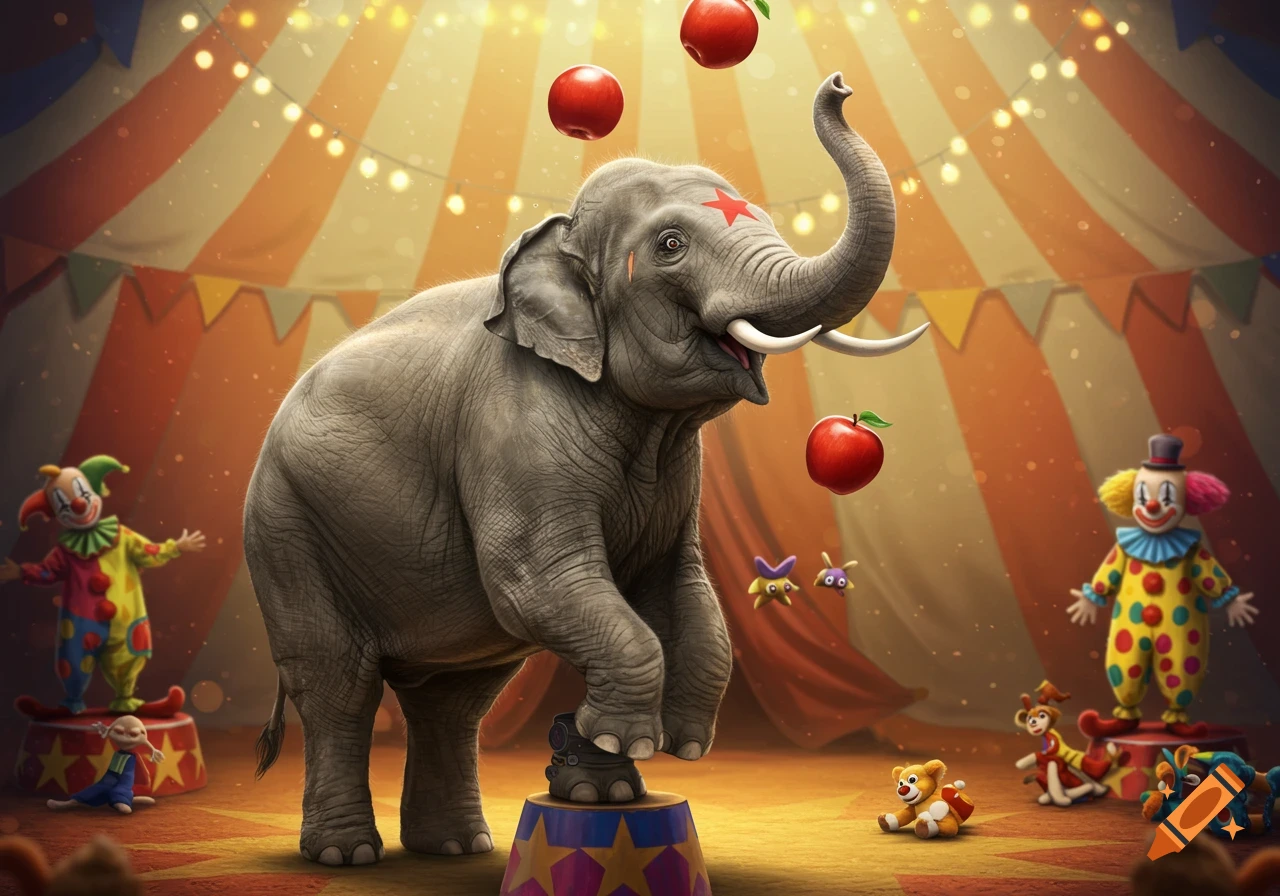 Circus elephant juggling apples on a stand with clowns and toys in a tent