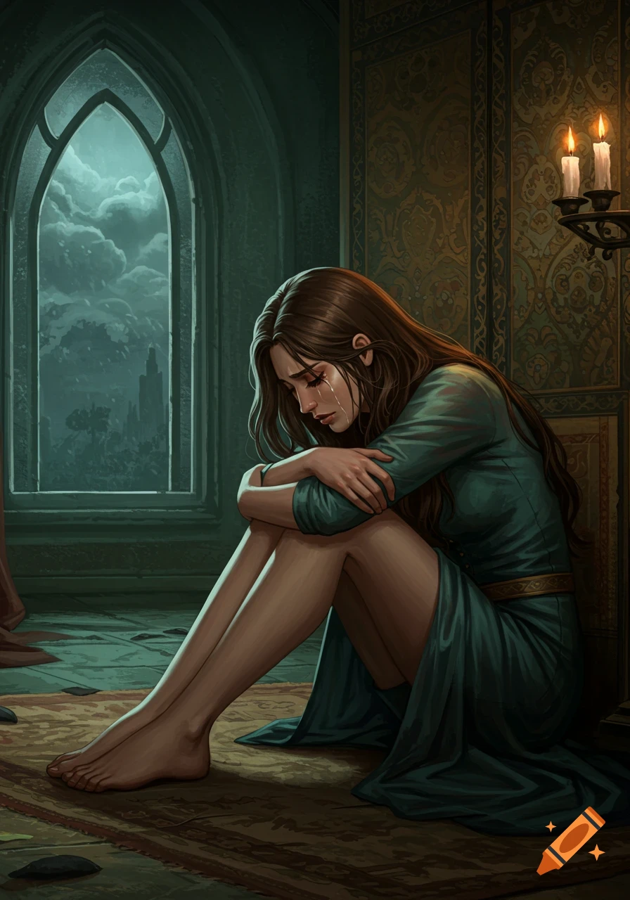 Brunette woman sitting in a room, crying by a window, digital painting.