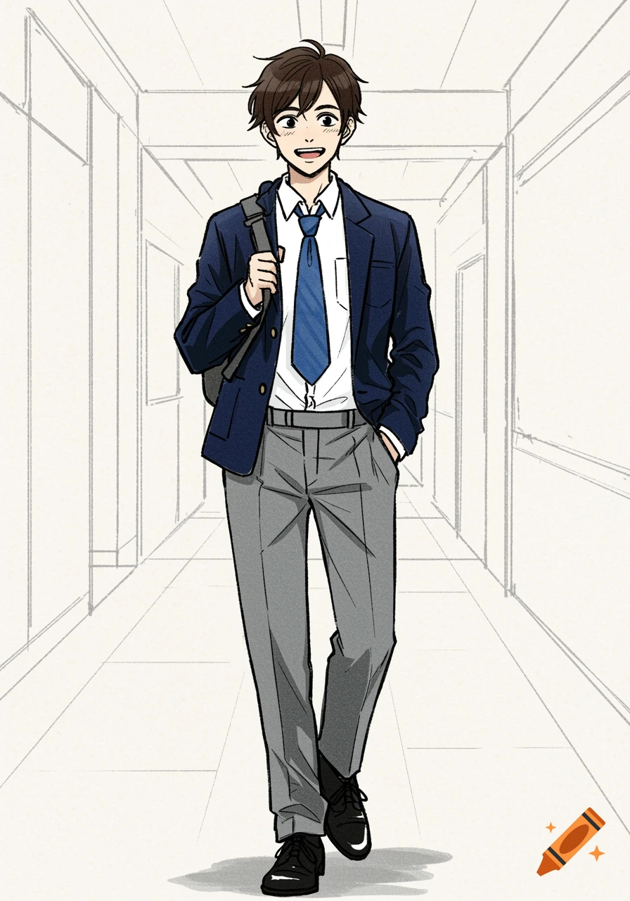 Anime style drawing of a male student in school uniform walking down a hallway.