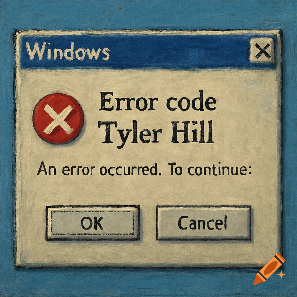 Painting of a Windows error message box reading "Error code Tyler Hill" and "An error occurred. To continue: OK Cancel".