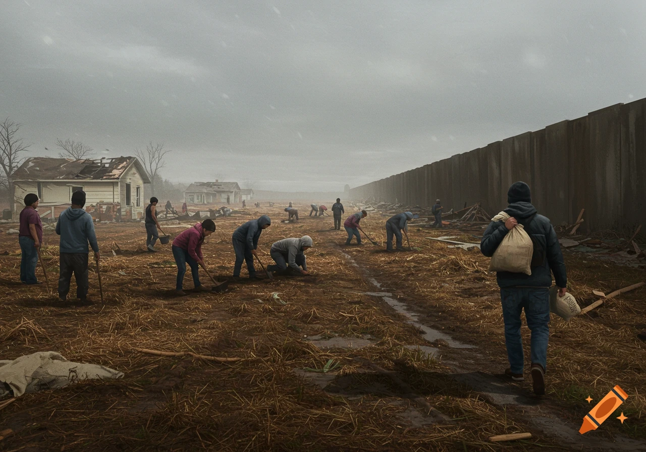 People digging in a muddy field near destroyed houses and a large wall, an overcast sky above. A man carrying sacks walks away.