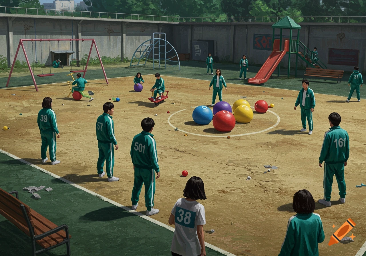 People in green tracksuits with numbers playing games in a playground.