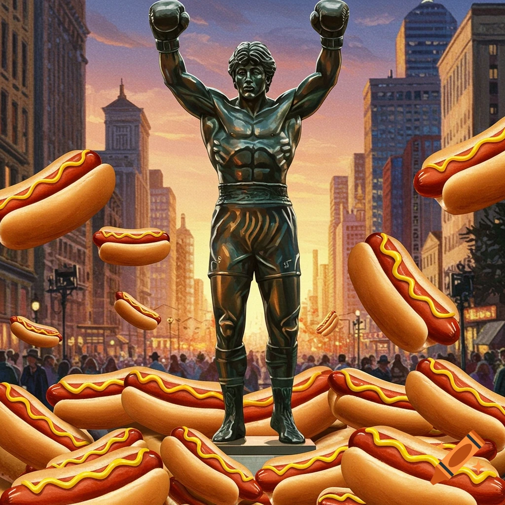 Rocky Balboa statue in a city street surrounded by many floating and piled hot dogs.