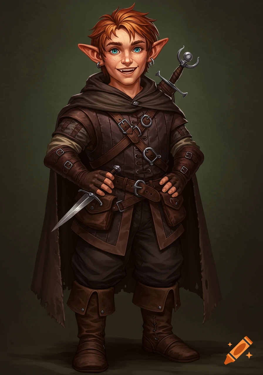 A fantasy illustration of a smiling halfling rogue character holding a dagger.