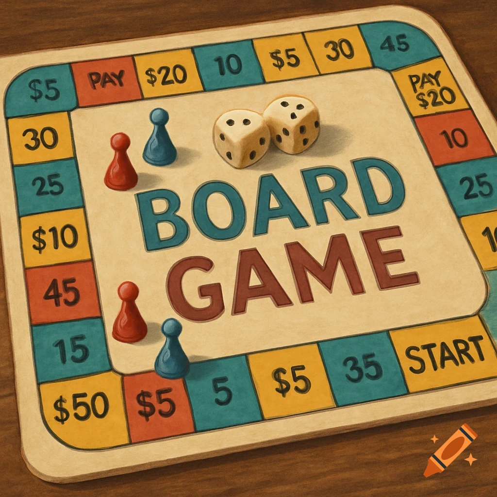 A top-down view of a retro-style board game with two dice, red and blue game pieces, and spaces marked with money amounts, PAY, and START.