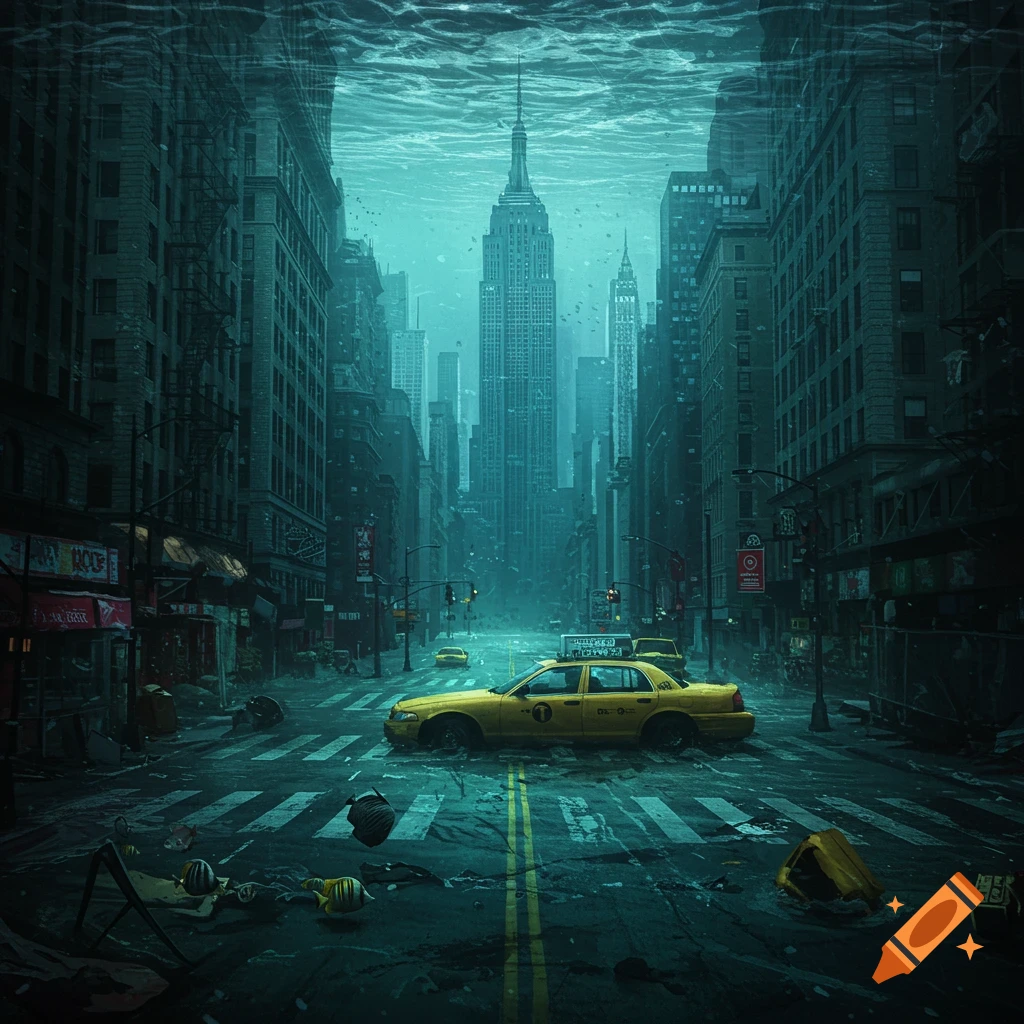 A flooded street in New York City with a taxi underwater, looking towards the Empire State Building in a dramatic style.