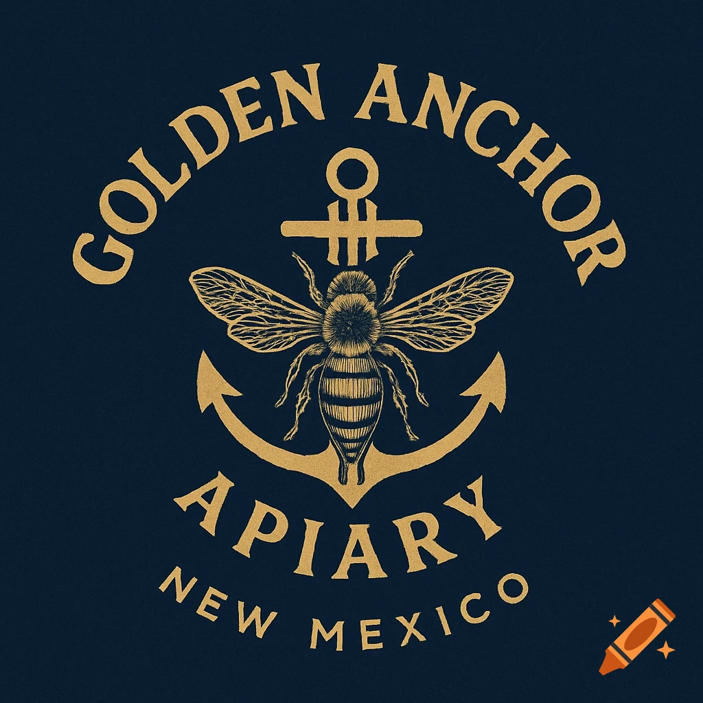 Logo for Golden Anchor Apiary featuring a bee centered above an anchor, with text.