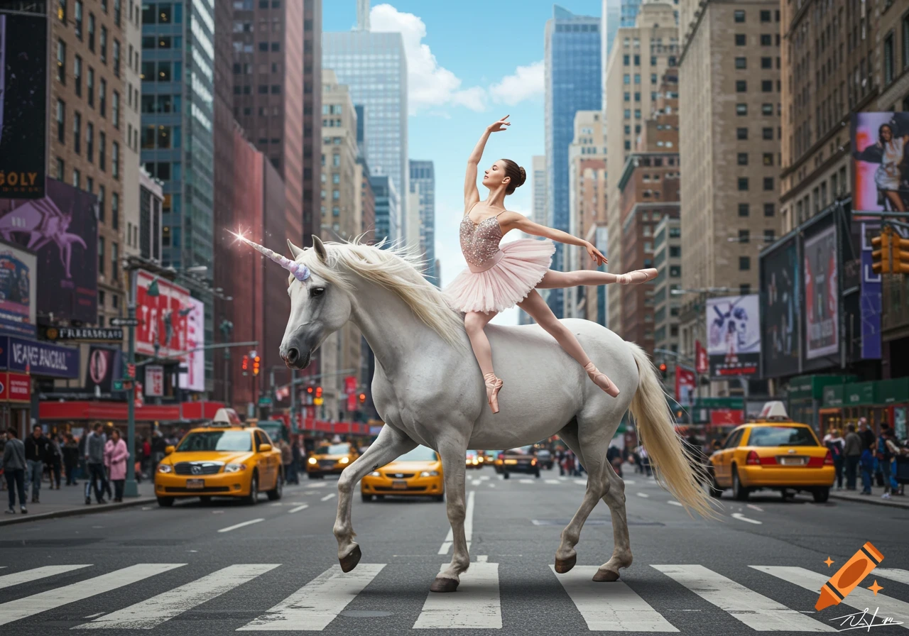 A ballerina on a unicorn trots through the streets of New York City.