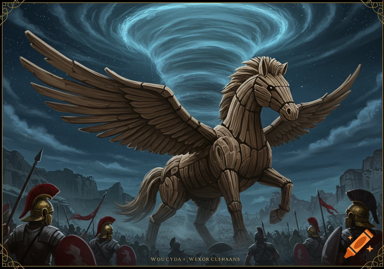 A large wooden pegasus flies above Roman soldiers at night, with a massive tornado in the sky