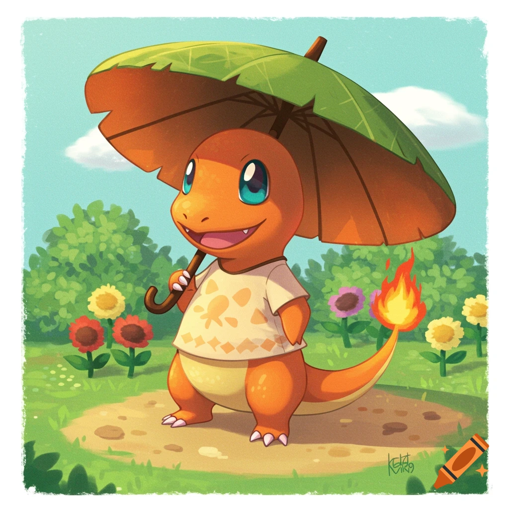 Charmander in an Animal Crossing style shirt holding a leaf umbrella in a sunny field with flowers.