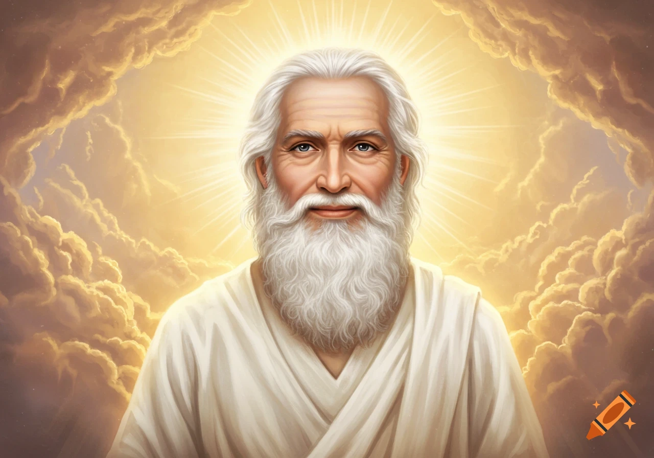 Portrait of God with white beard and robe, surrounded by golden light and clouds