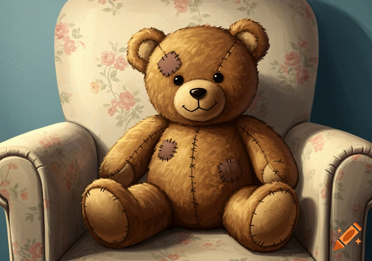 Illustration of a brown teddy bear sitting on a floral armchair.