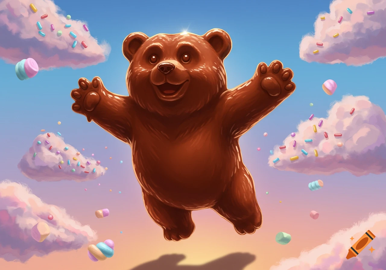 A shiny brown gummy bear flies through a blue sky with candy and clouds in a cartoon illustration.