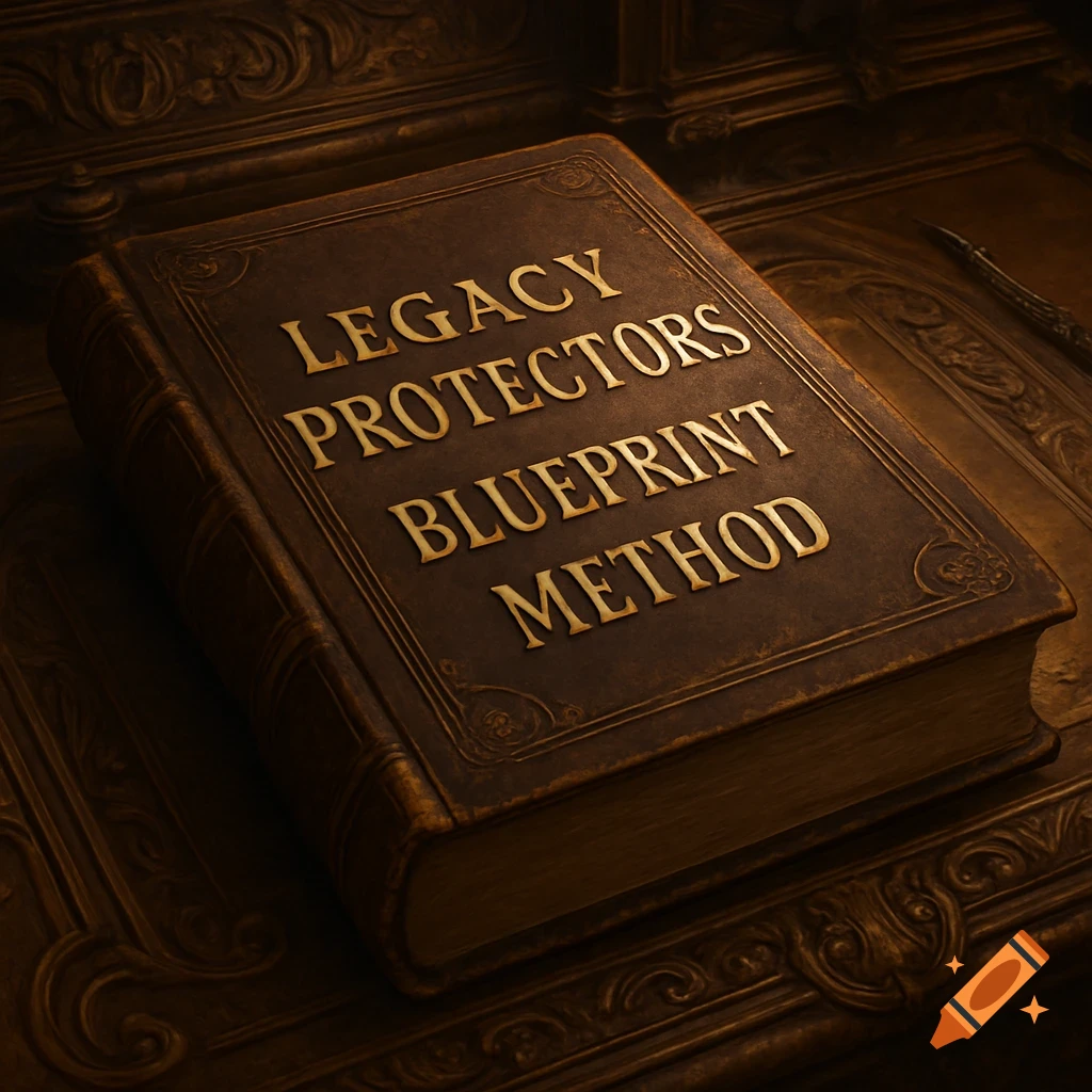 A large, ornate book with gold text on a dark, elaborate desk.