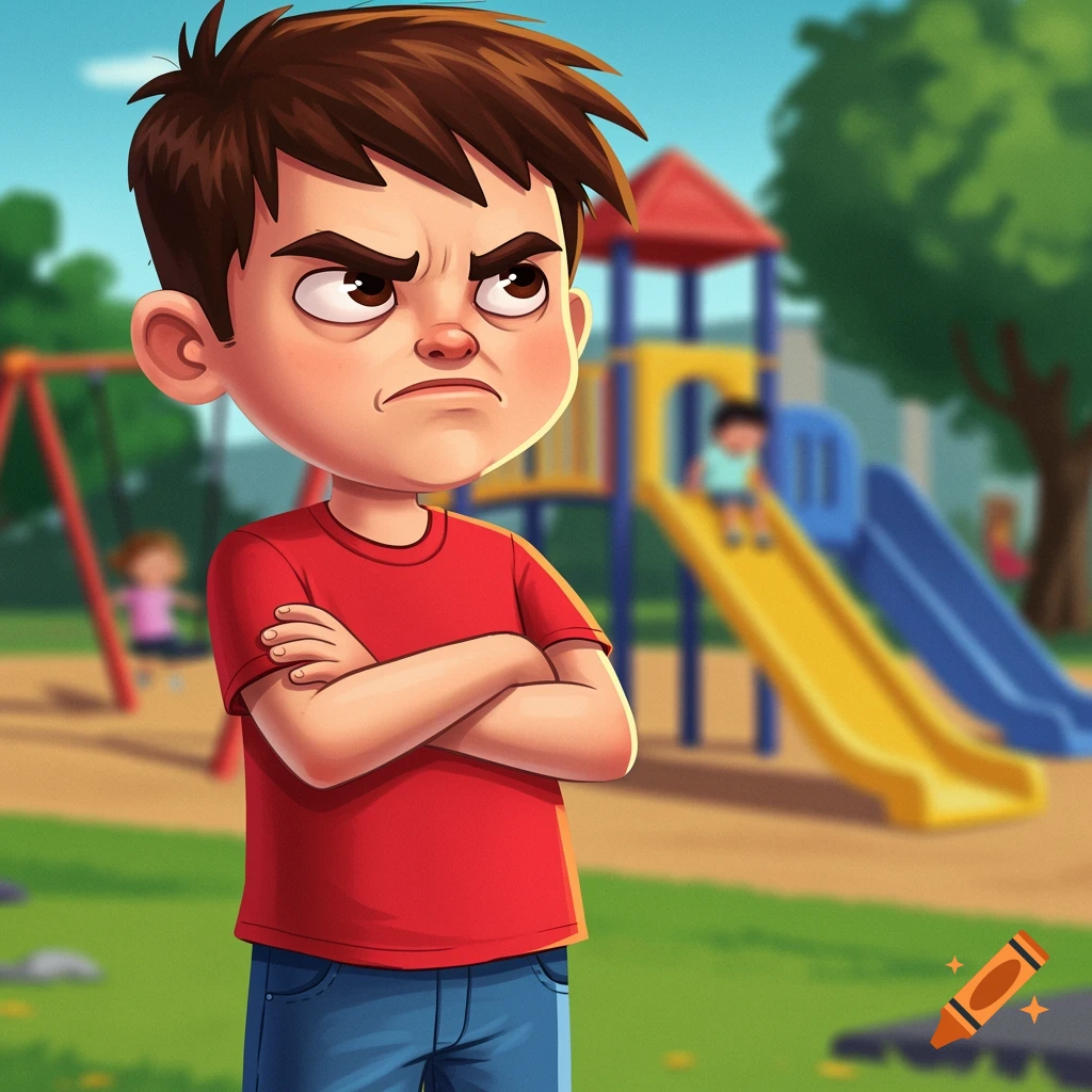 Cartoon illustration of an impatient boy with crossed arms at a playground.