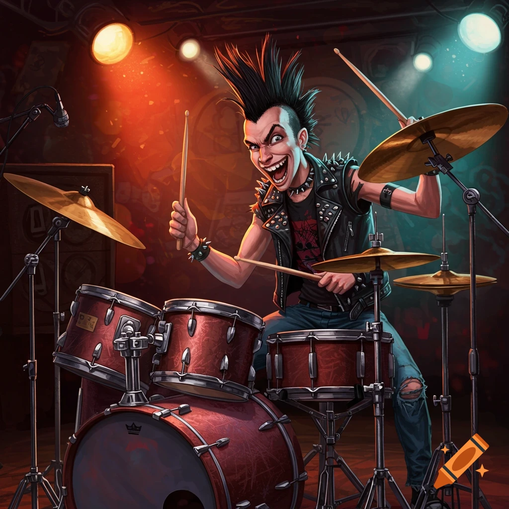 A cartoonish punk rock drummer enthusiastically plays a red drum kit on ...