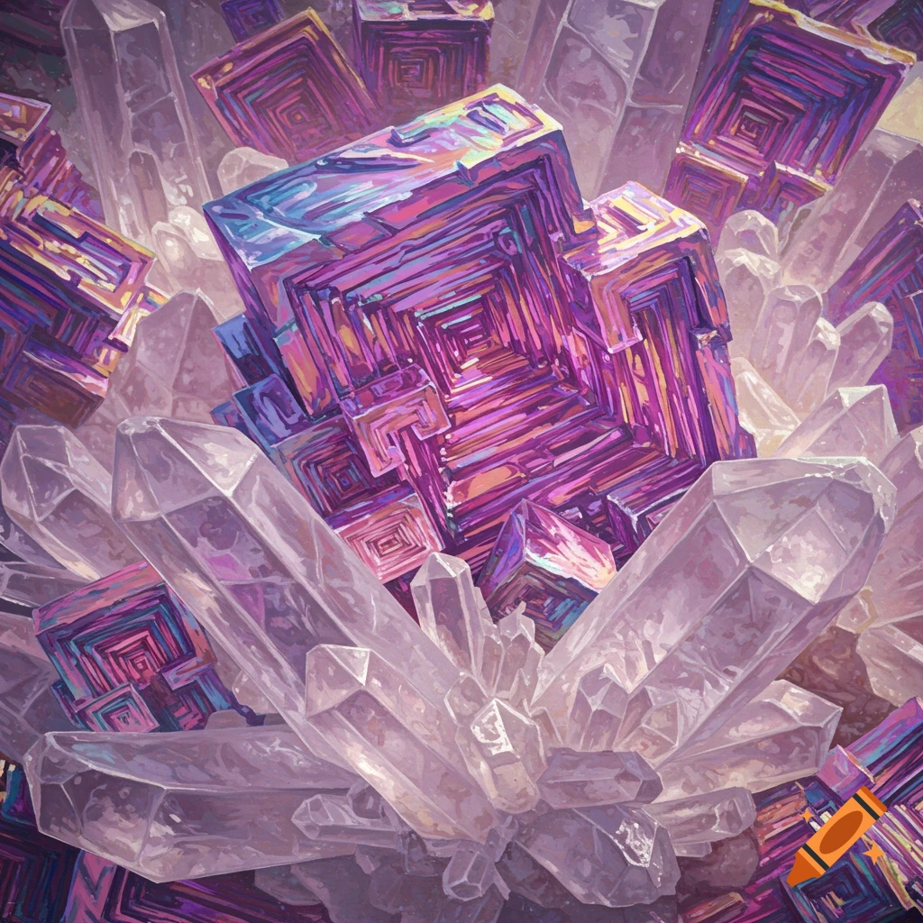 Vibrant painted illustration of iridescent bismuth crystals mixed with clear quartz crystals.