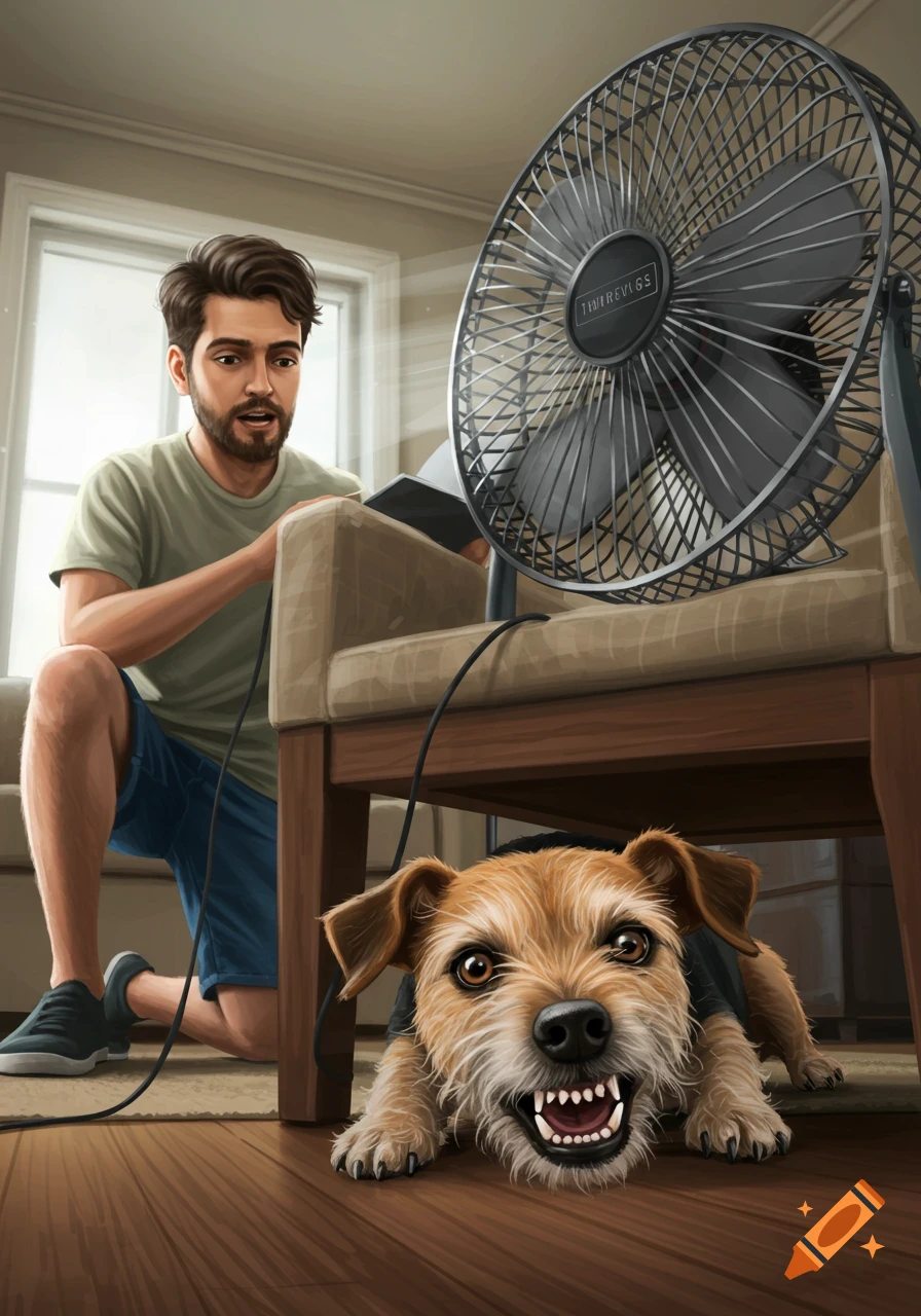 A man kneels next to a chair with a large fan on it. A scared dog with bared teeth peeks out from under the chair.