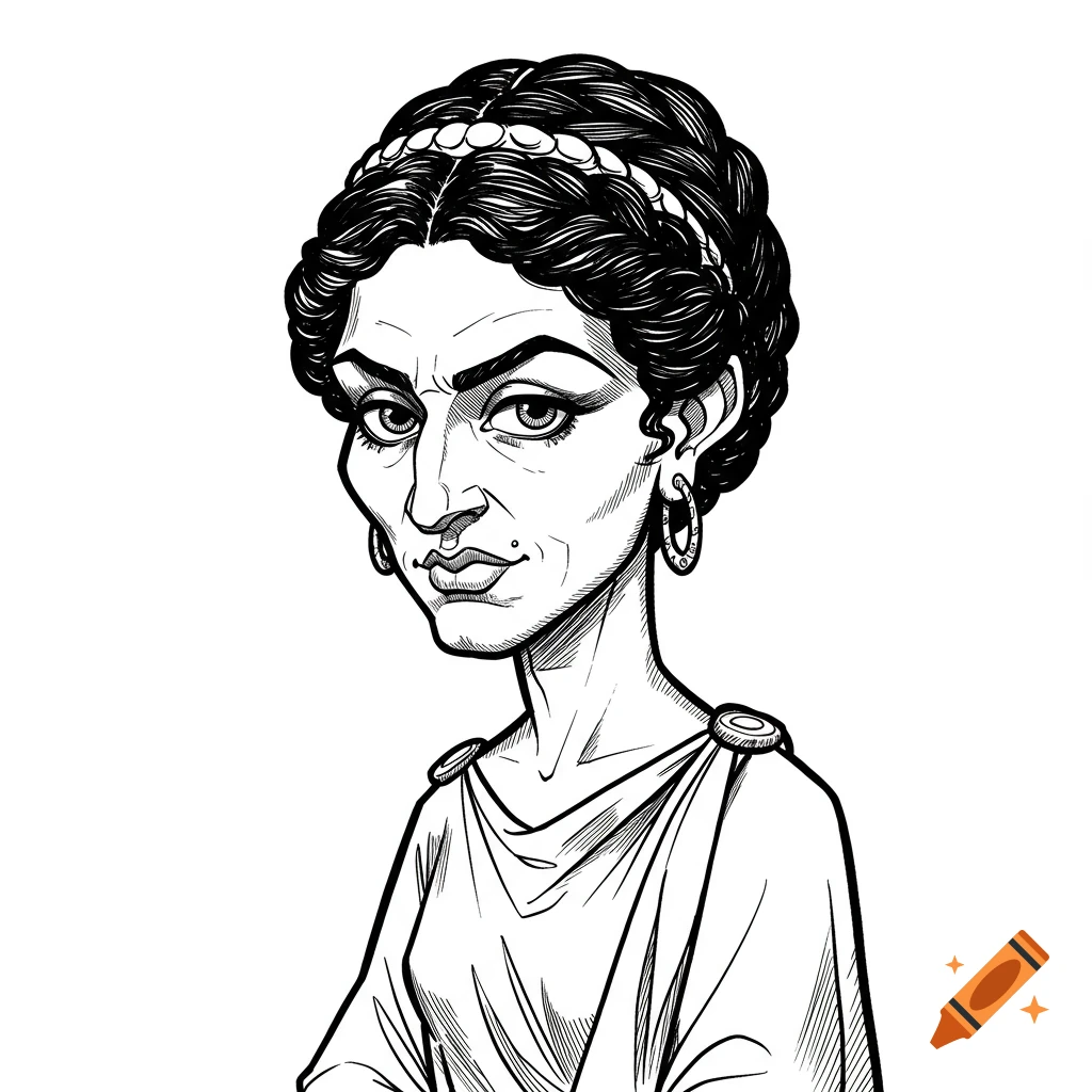 Black and white ink caricature of a woman in classical attire.