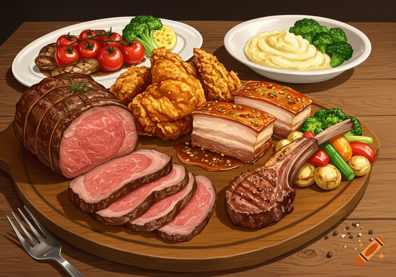 A large platter filled with roast beef, fried chicken, pork belly, lamb chop, and side dishes of potatoes, broccoli, and tomatoes.