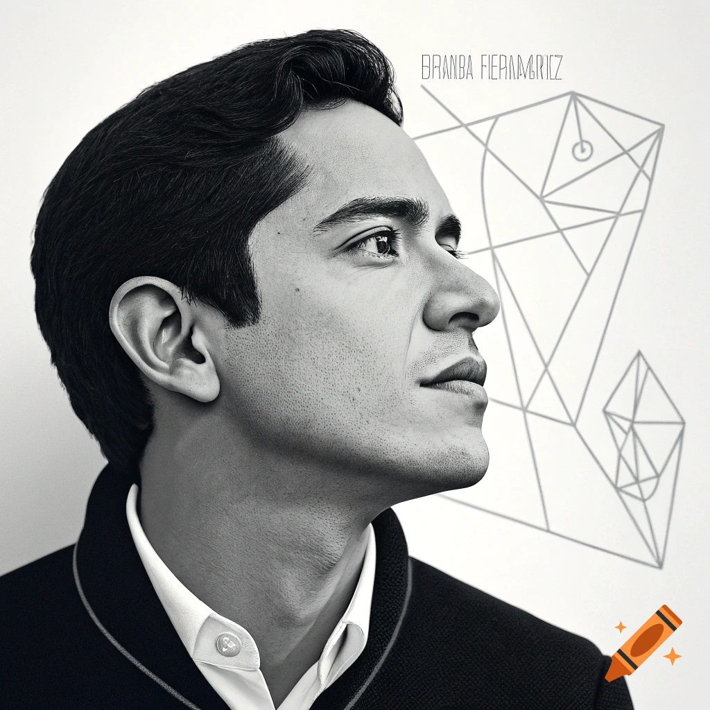 Black and white portrait of a man in profile with geometric lines