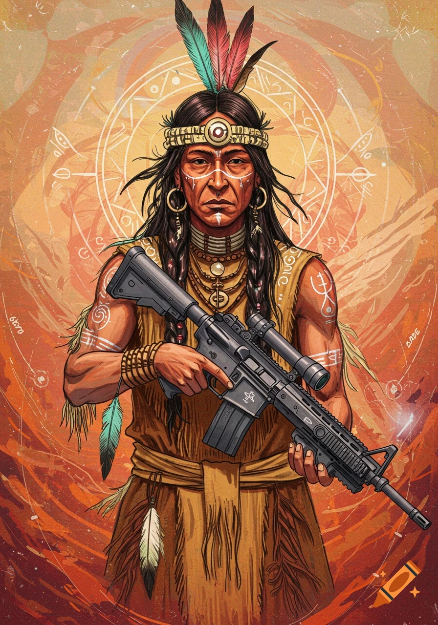 Illustration of a person in indigenous attire with facial paint and feathers, holding an AR-15 rifle, with spiritual symbols in the background.