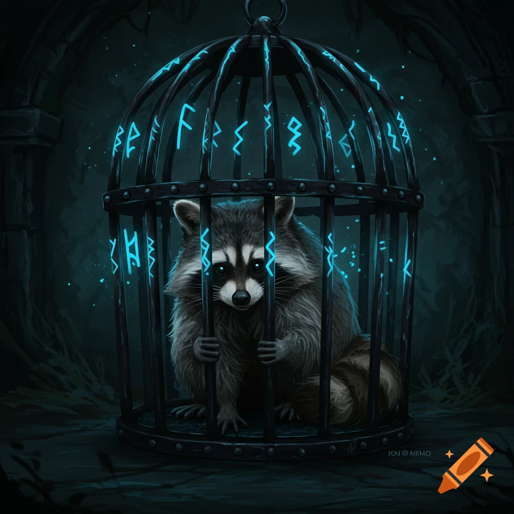 A raccoon sits inside a dark cage with glowing blue magical runes on the bars in a mysterious setting.