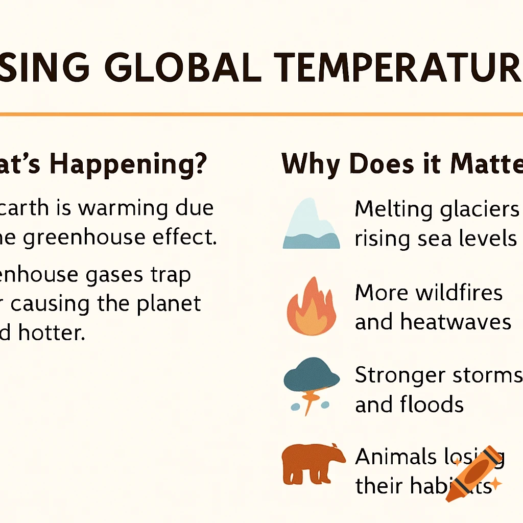 Infographic explaining rising global temperatures with text and icons for melting glaciers, wildfires, storms, and animals.