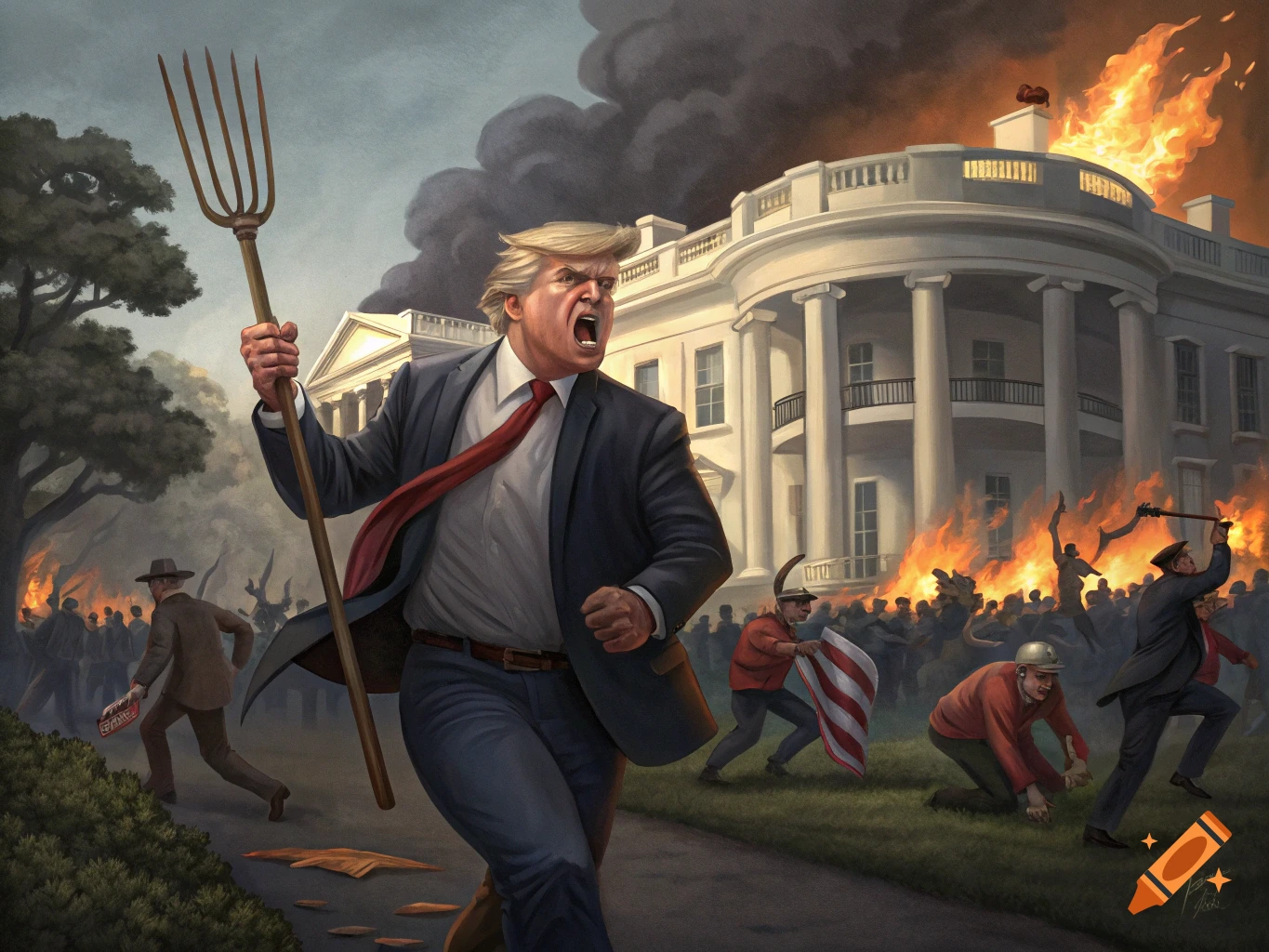 Stylized painting of Donald Trump running from a burning White House chased by a mob with torches and pitchforks.