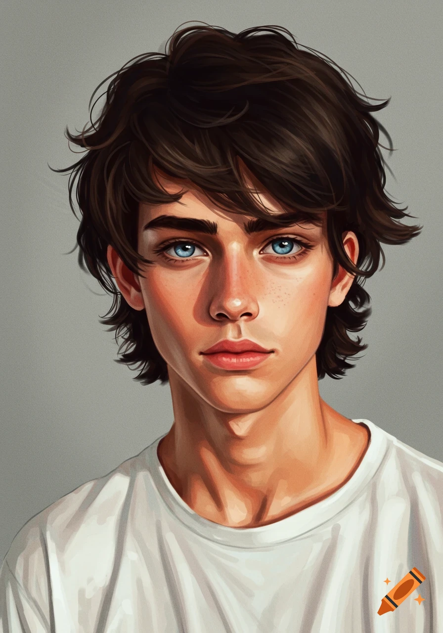 Painted portrait of a young man with brown messy hair and blue eyes ...