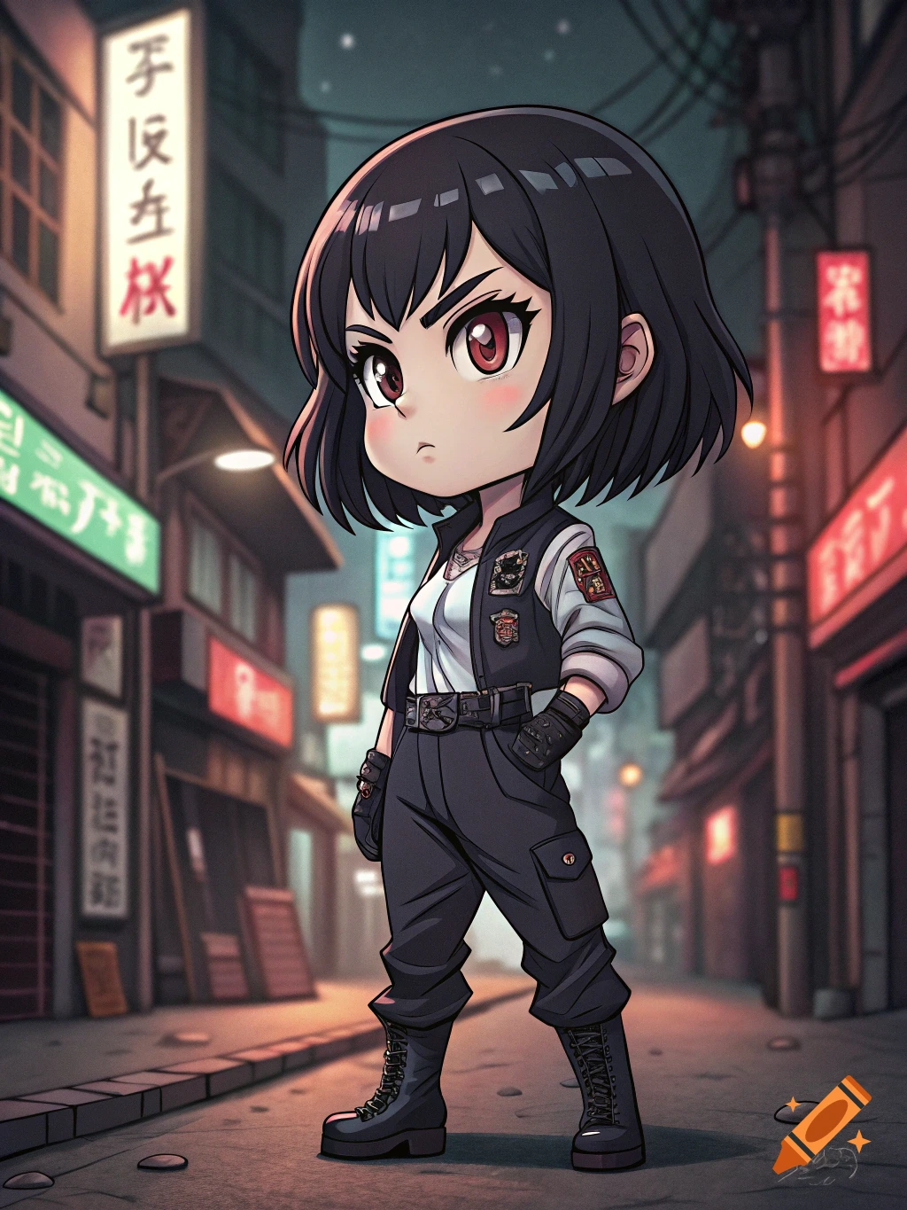 Chibi anime girl with black hair stands in a street at night.