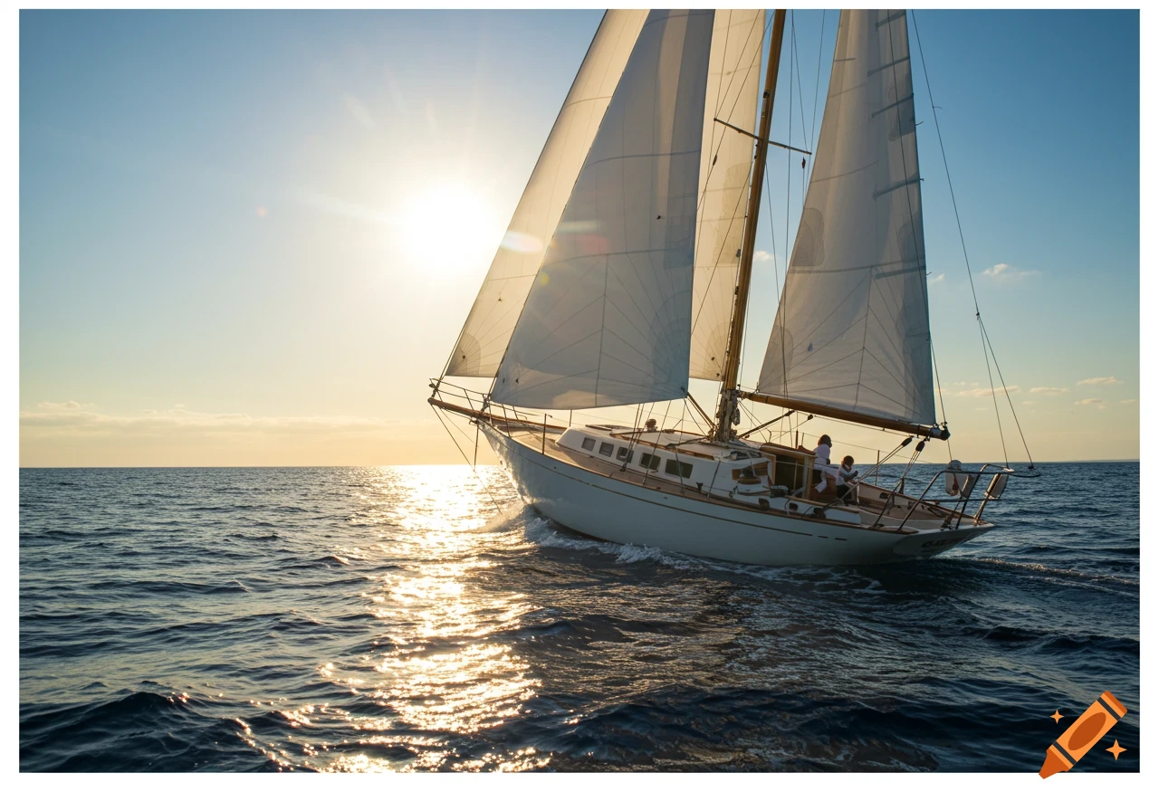Sailboat sailing on the ocean towards the setting sun