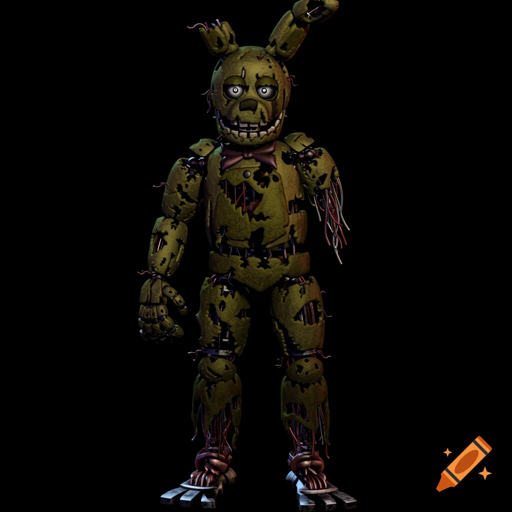 Full shot of the damaged Springtrap animatronic rabbit character from Five Nights at Freddy's on a black background.
