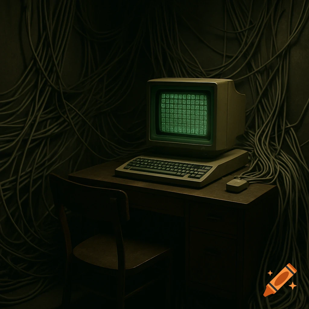 Retro computer on a desk in a dark room filled with cables.